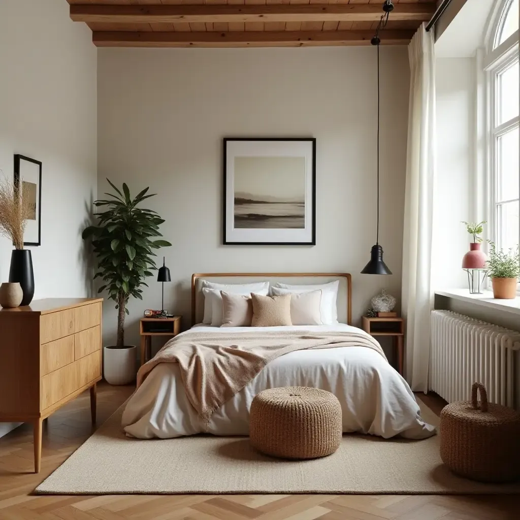 a photo of a cozy bedroom with a mix of modern furniture and vintage accessories