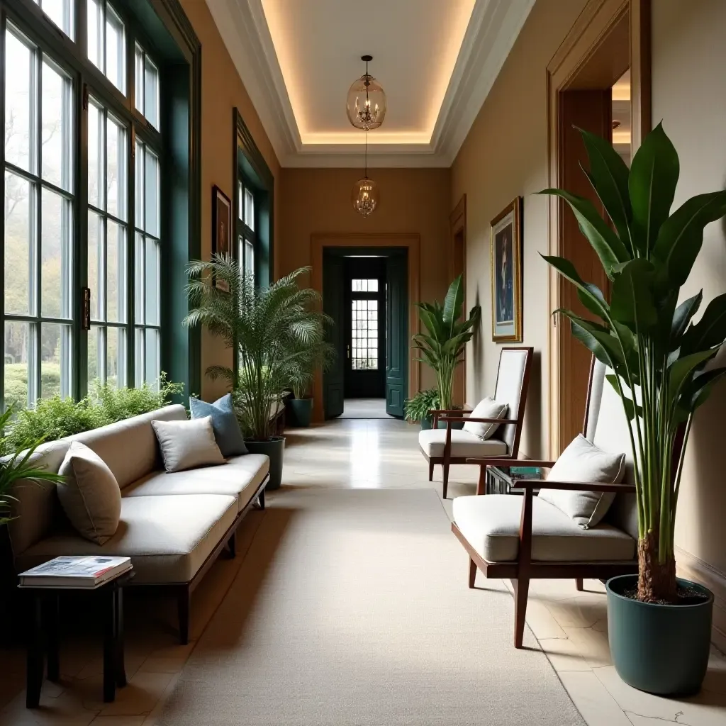 a photo of a stylish corridor seating area with plants and books