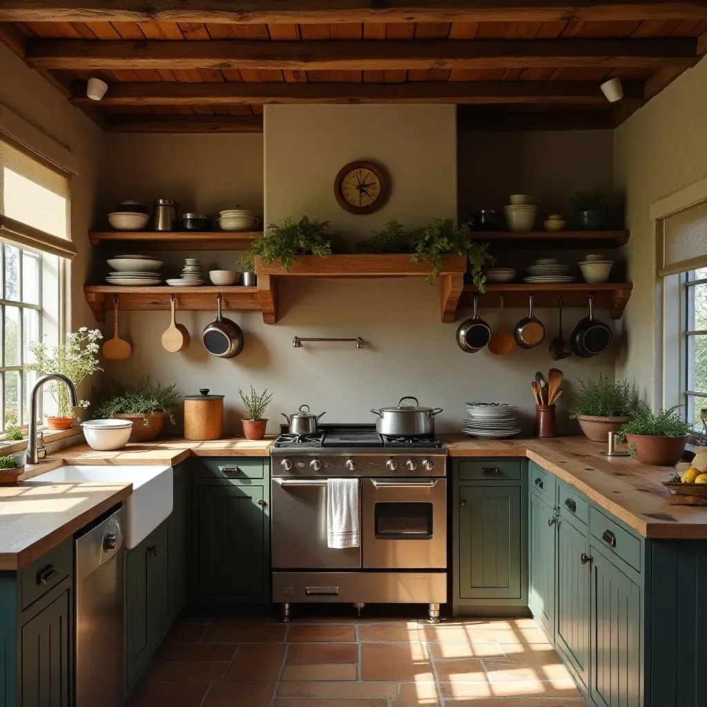 a photo of a rustic kitchen with open wood shelves and hanging pots