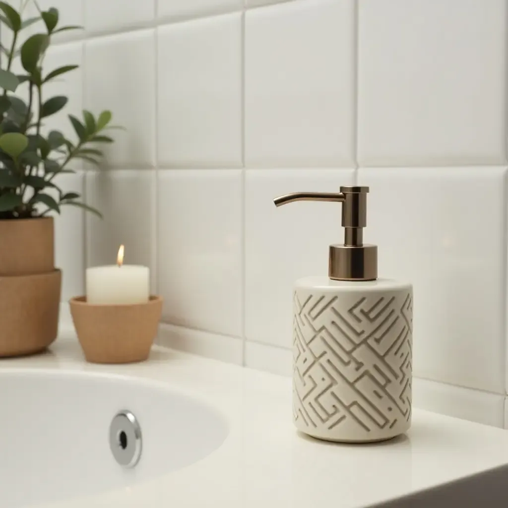 a photo of a bathroom featuring a decorative soap dispenser