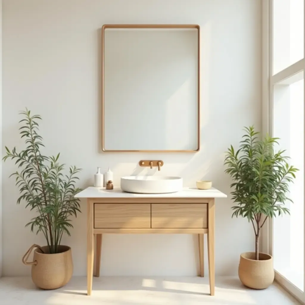 a photo of a minimalist vanity area with plants and soft color palette