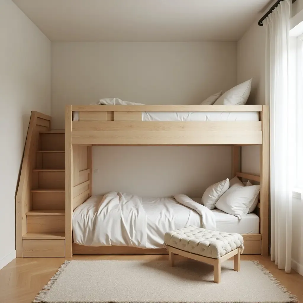 a photo of a chic loft bed with a hanging chair underneath