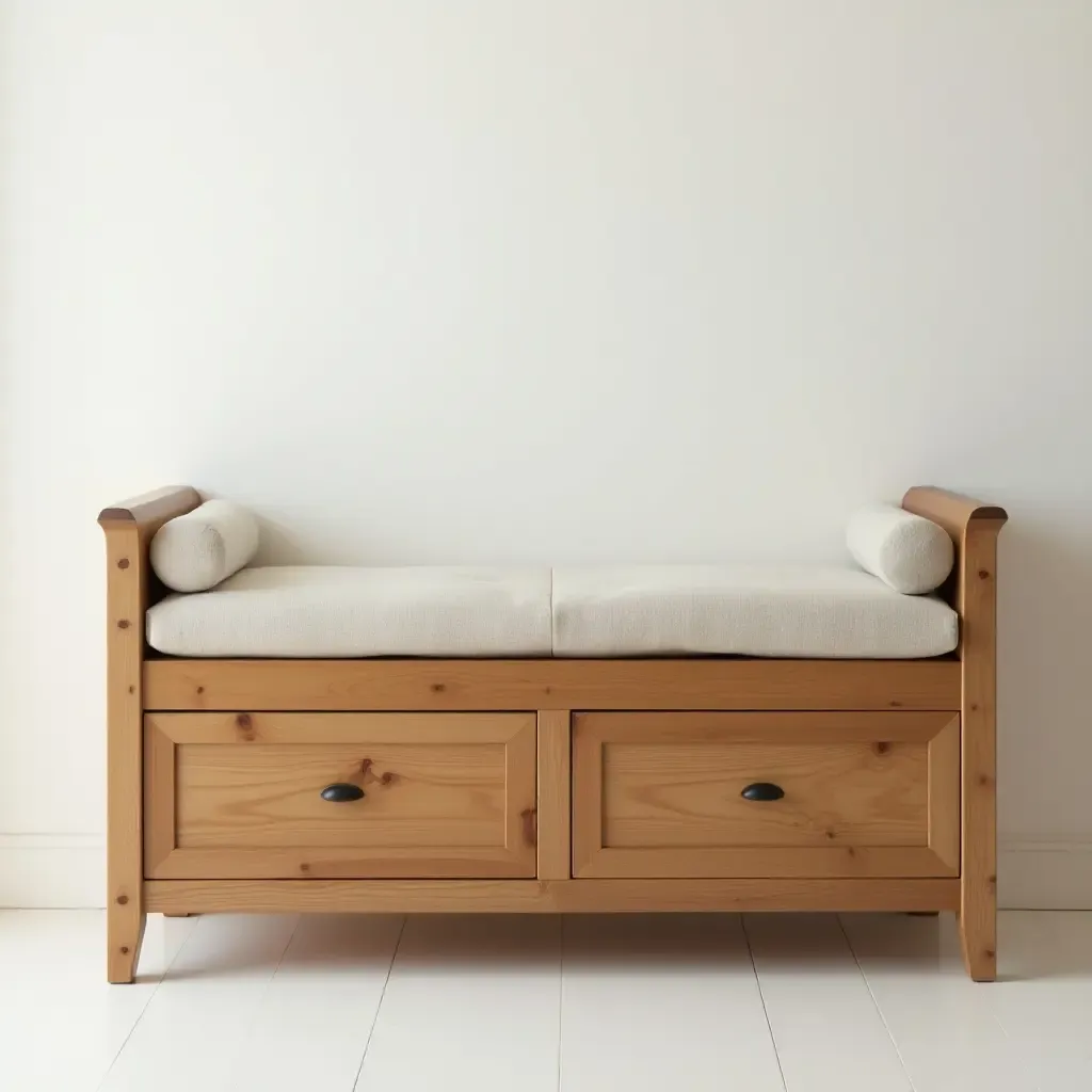 a photo of a wooden storage bench with a soft cushion