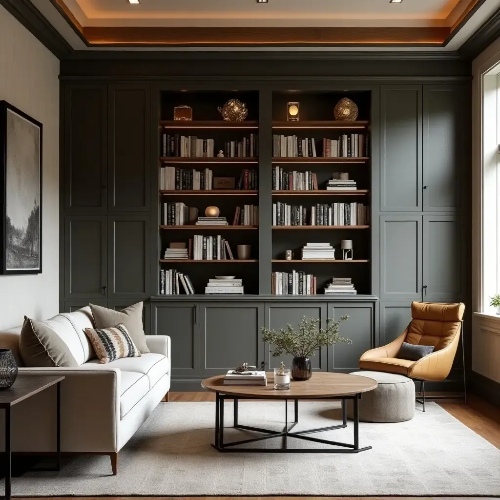 a photo of a stylish farmhouse library featuring a mix of modern and rustic elements