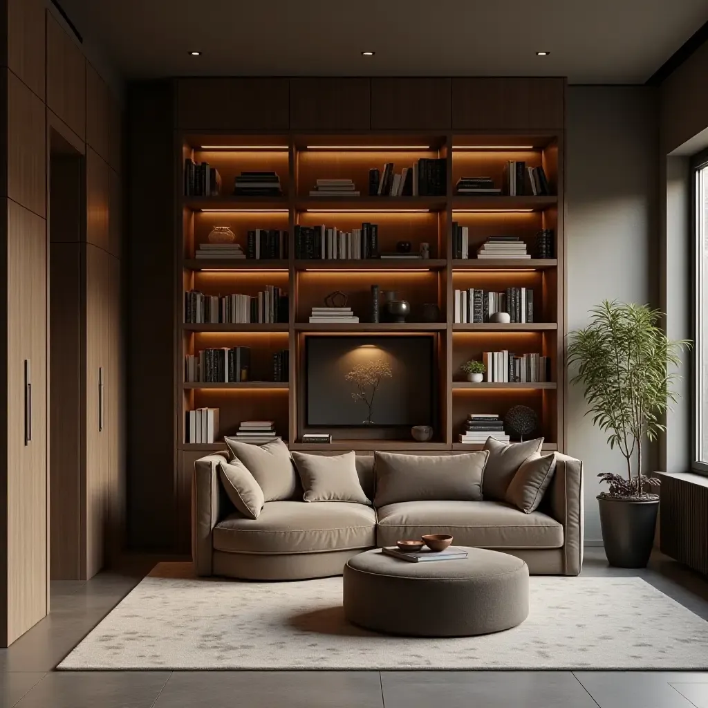 a photo of a sleek library with a combination of open and closed shelving