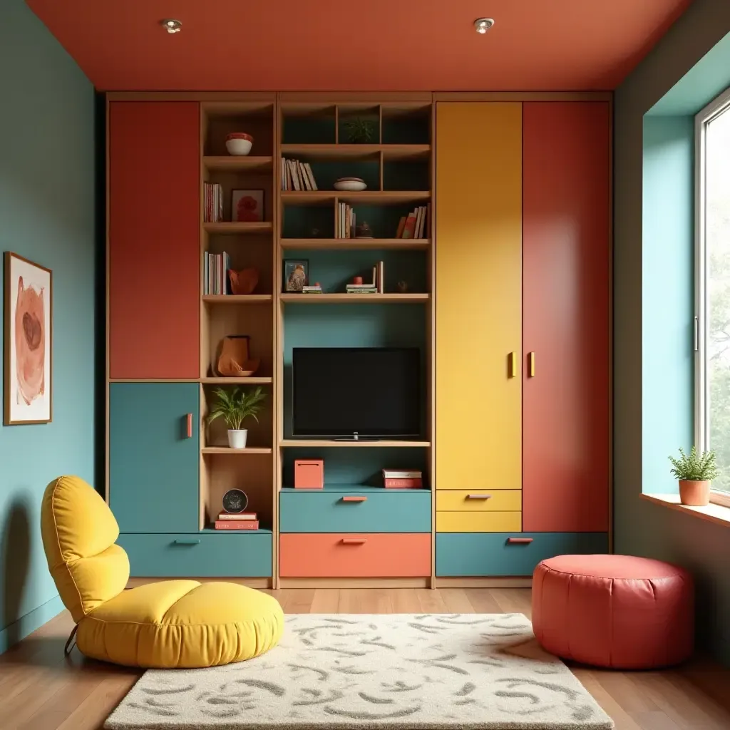 a photo of a colorful room showcasing a unique storage idea