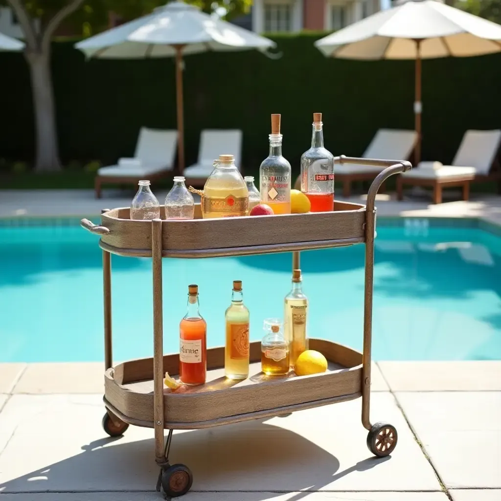 a photo of a vintage-inspired bar cart set up by the pool