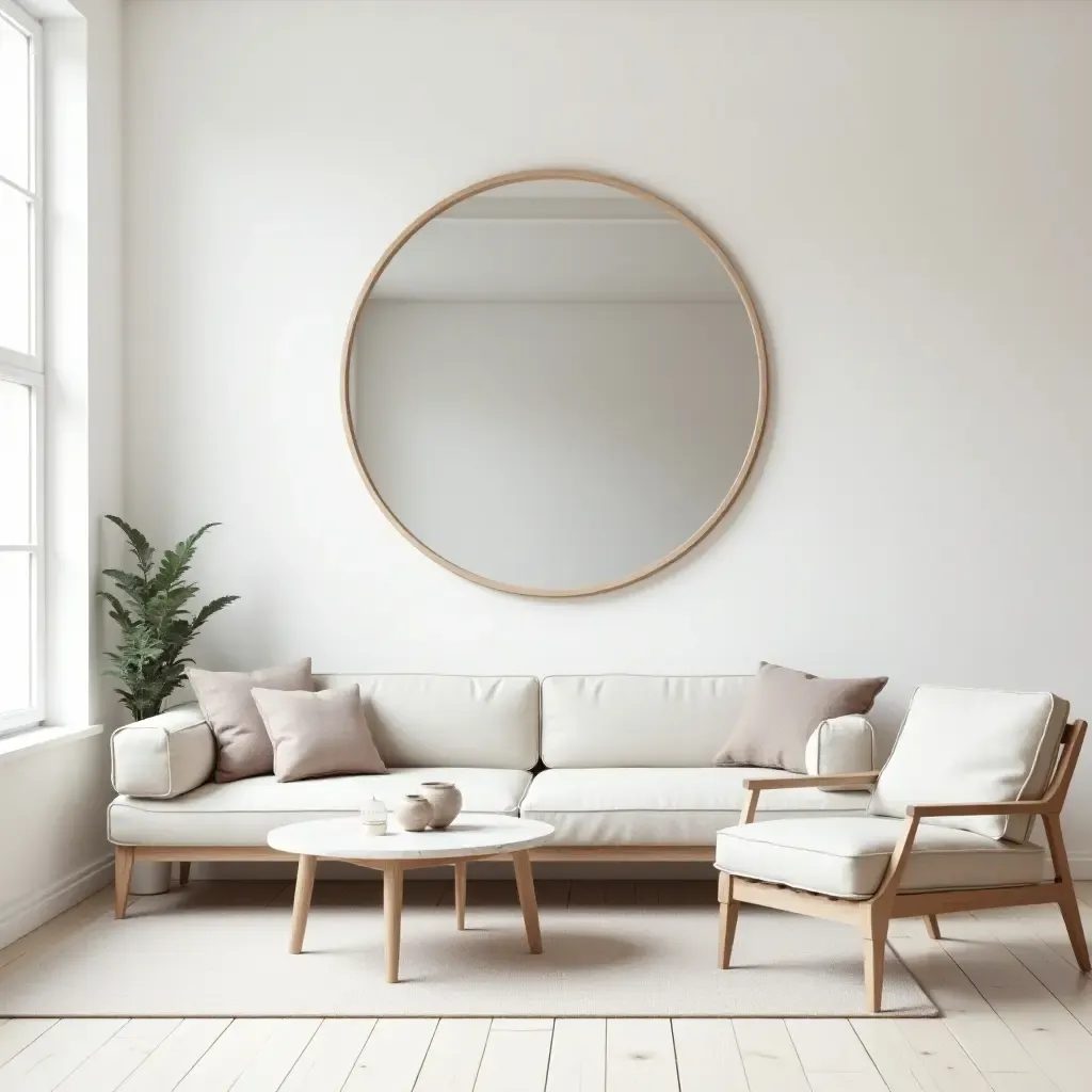 a photo of a minimalist living room with a large round mirror as a focal point