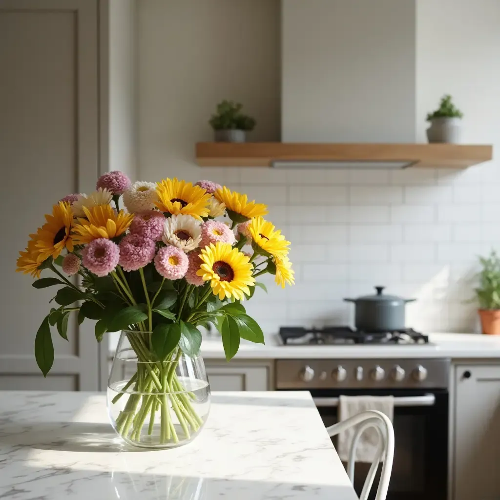 a photo of a kitchen featuring a colorful arrangement of flowers