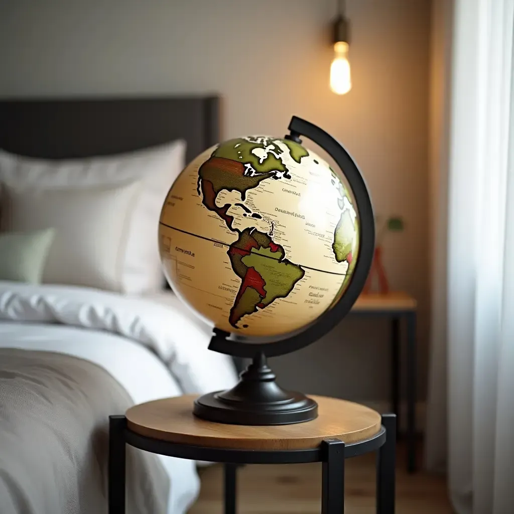 a photo of a decorative globe on an industrial-style desk in a bedroom