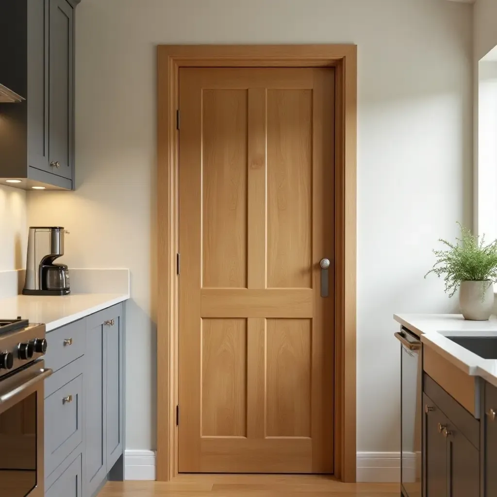 a photo of a warm wooden pantry door in a kitchen