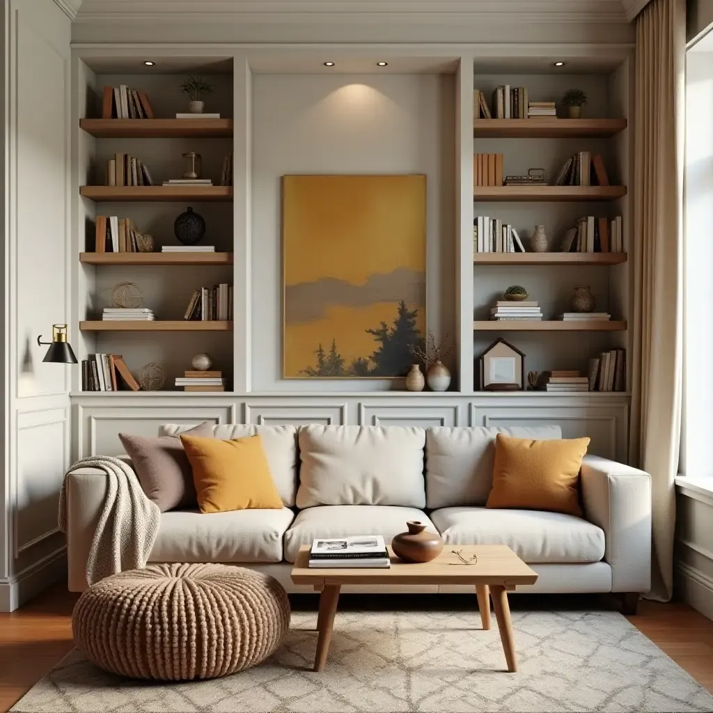 a photo of a warm and inviting living room with a vintage ladder bookshelf