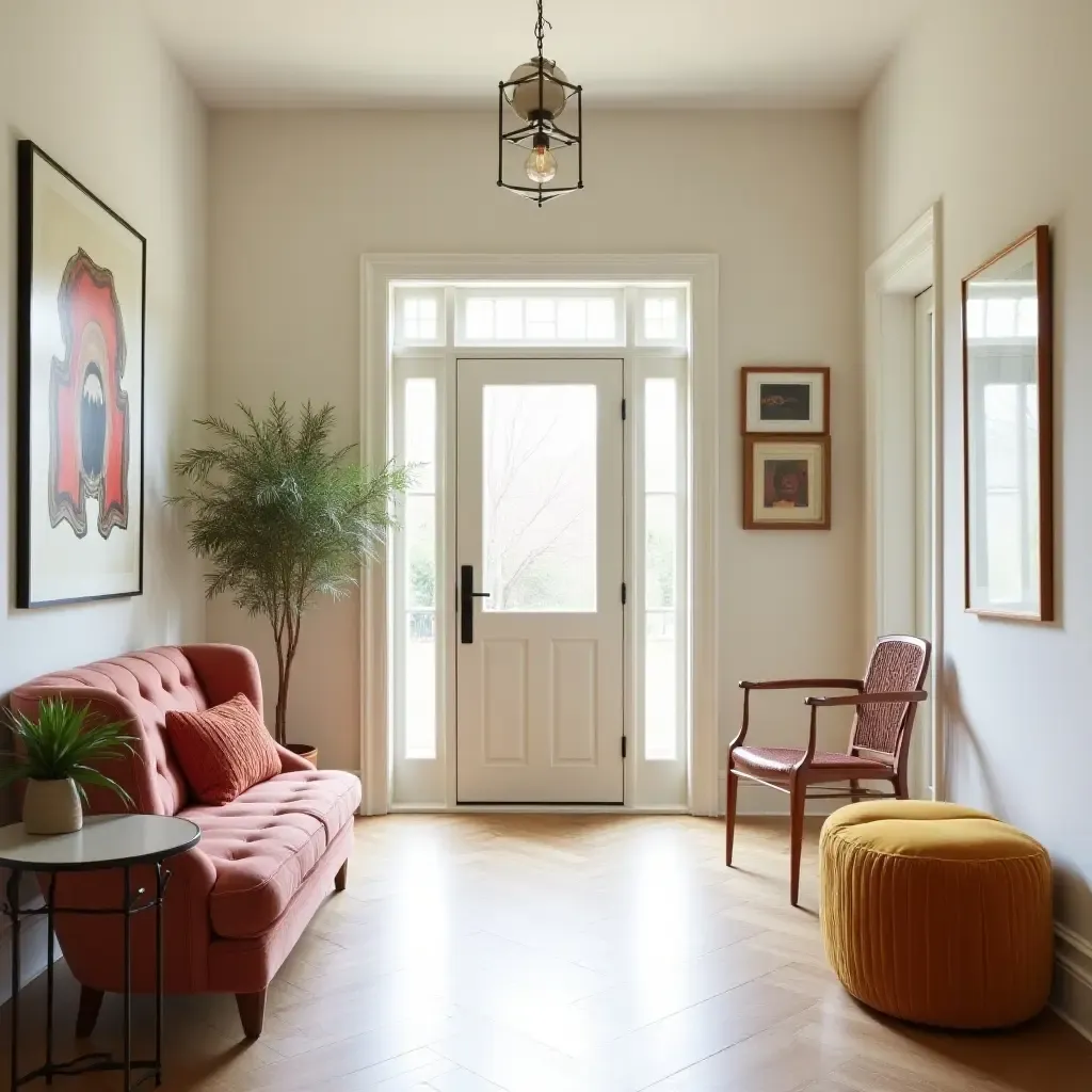 a photo of a bright entrance hall adorned with playful wall art and eclectic furniture