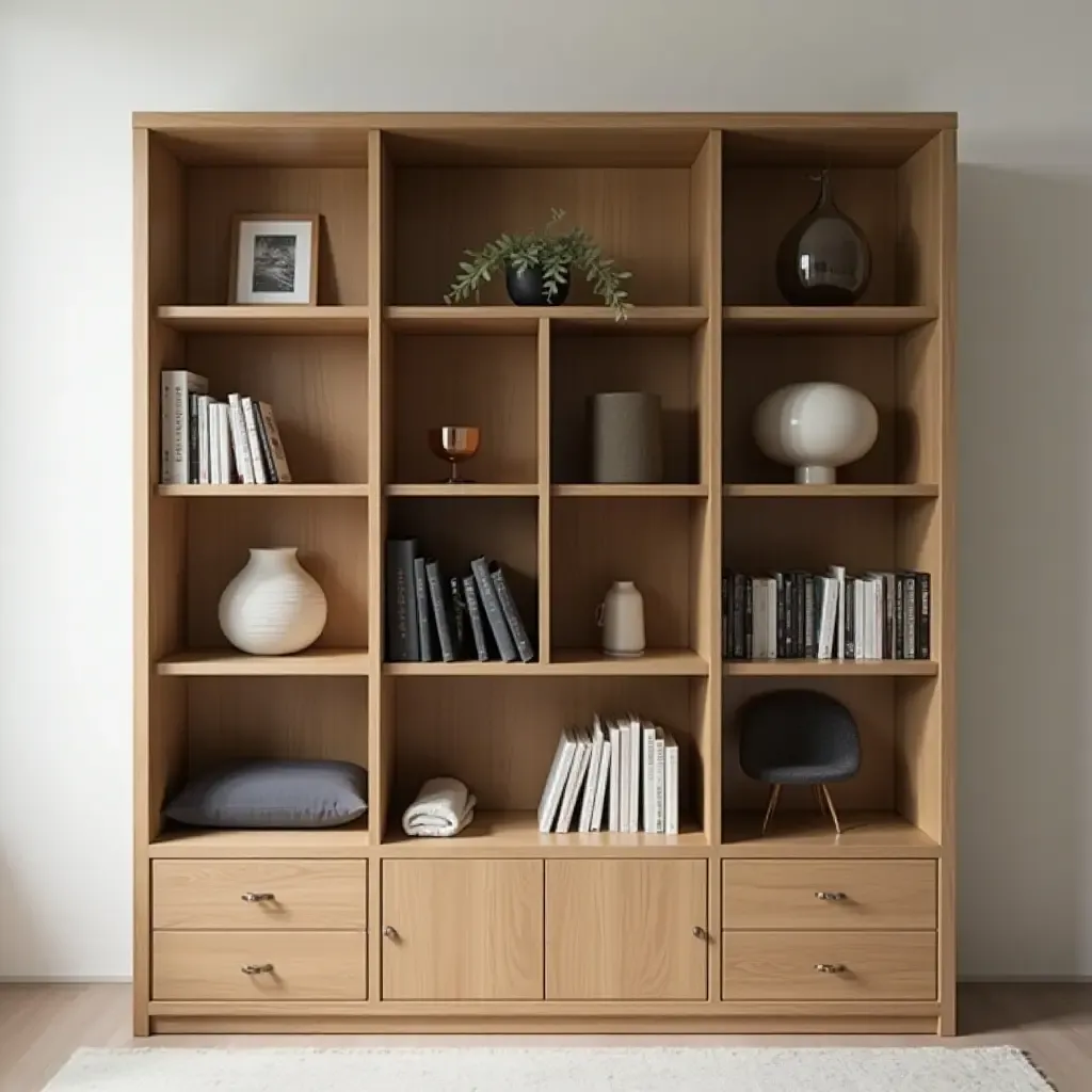 a photo of a functional bookshelf with hidden storage and a modern aesthetic