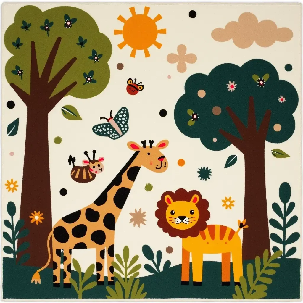 a photo of a rug with a jungle theme, complete with animals and trees