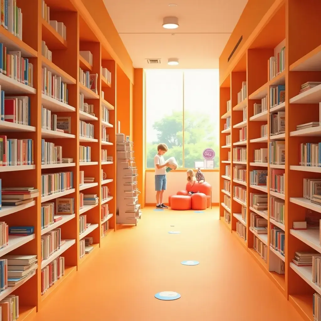 a photo of a bright orange and white library with playful artwork