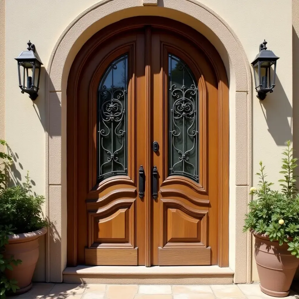 a photo of a rustic wooden door adorned with Mediterranean-style ironwork