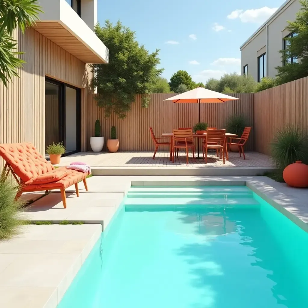 a photo of a playful Scandinavian poolside with colorful accents and comfortable seating