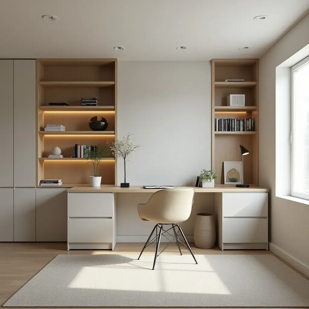 a photo of a minimalist basement office with built-in shelves and natural light