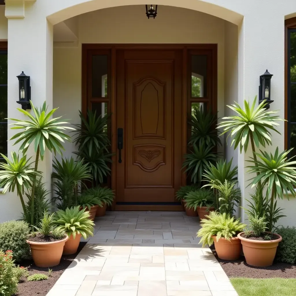 a photo of a welcoming entrance with potted plants