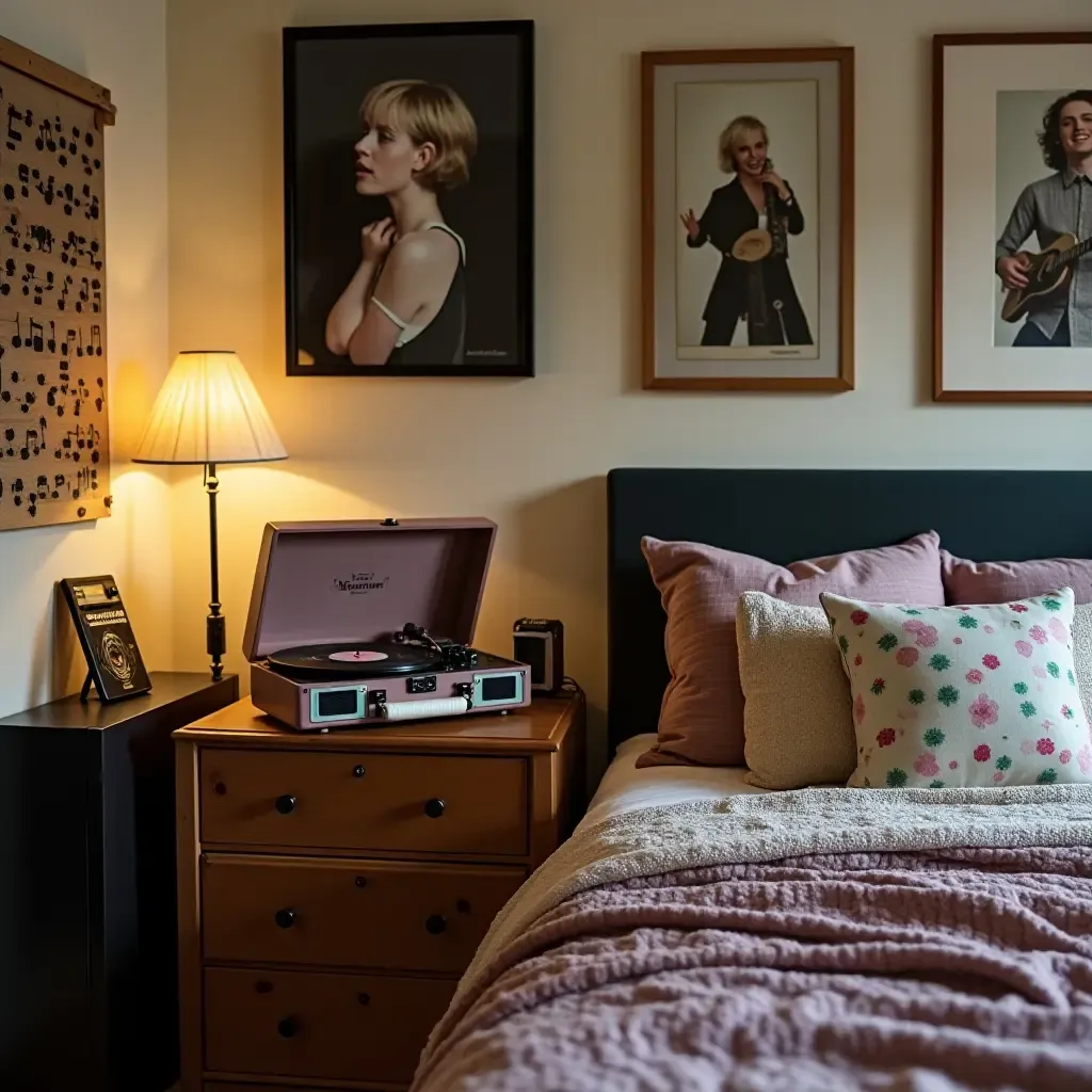 a photo of a teen&#x27;s bedroom featuring a vintage record player and music-themed decor