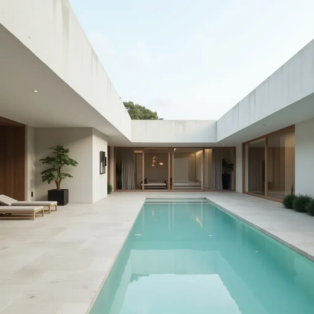 a photo of a minimalist pool area featuring geometric shapes and neutral colors