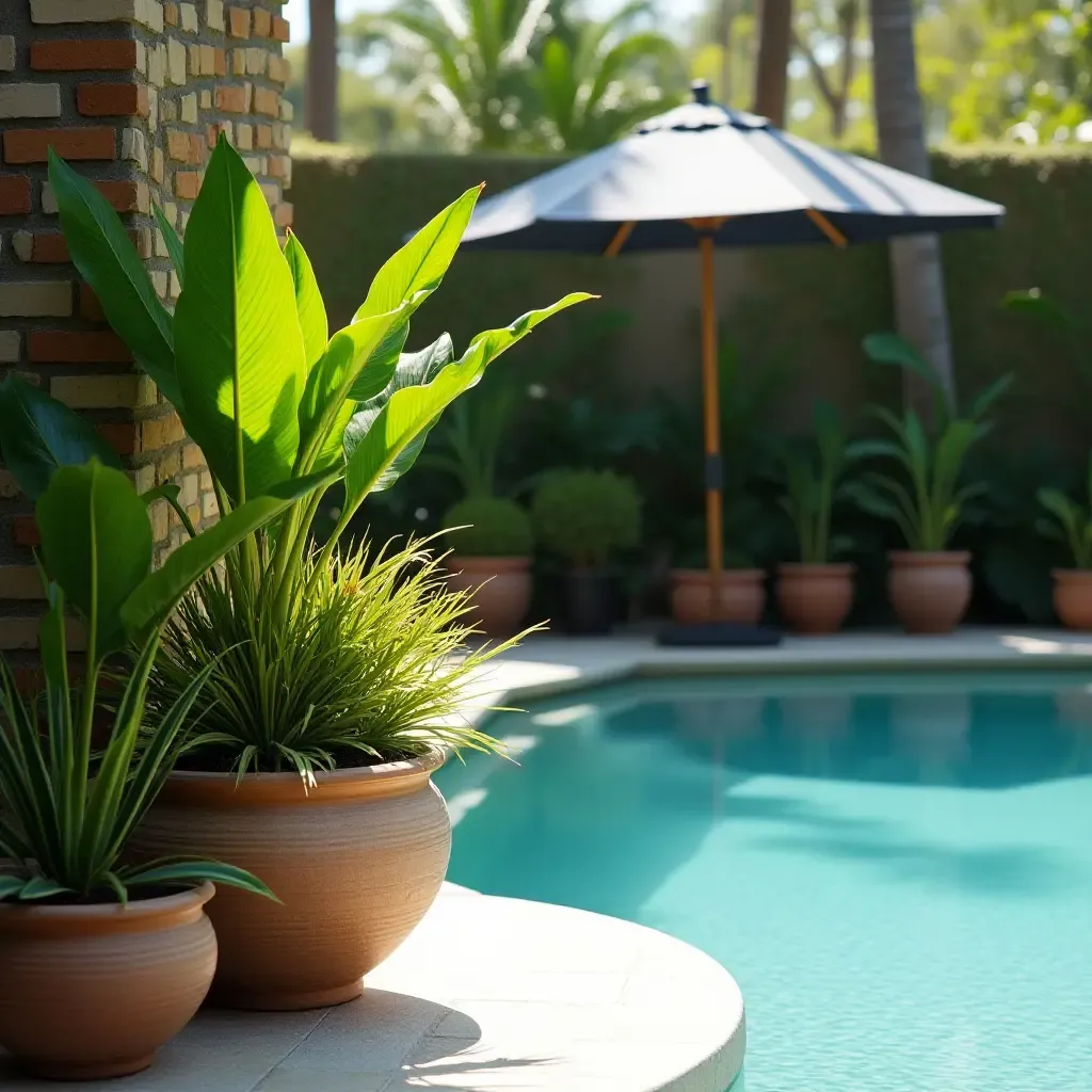 a photo of tropical plants in decorative pots near a pool