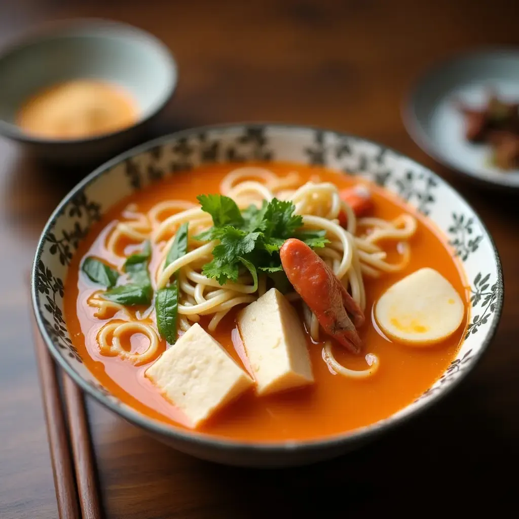 a photo of a comforting bowl of Yen Ta Fo, pink broth with noodles, tofu, and seafood.