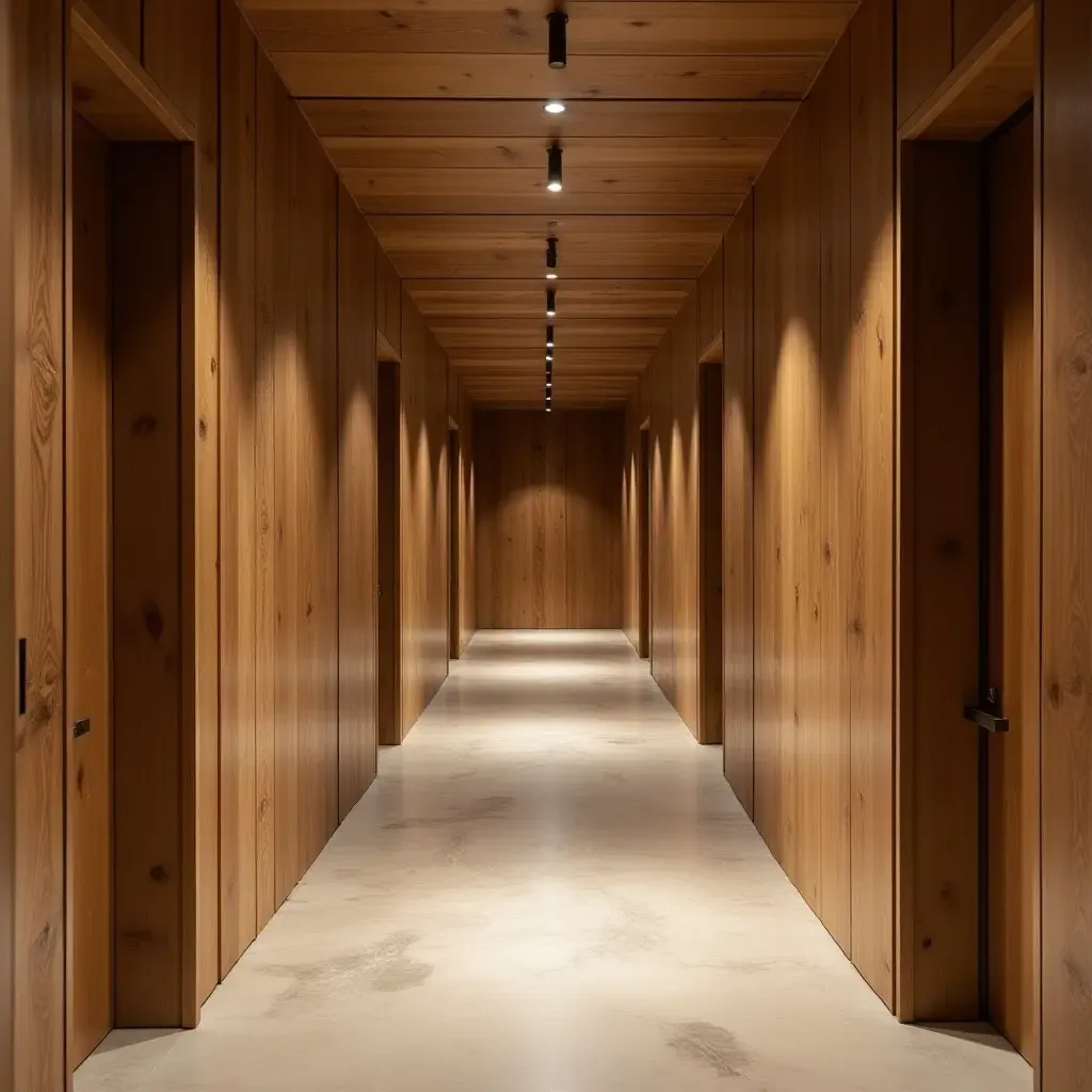 a photo of a corridor featuring reclaimed wood wall panels