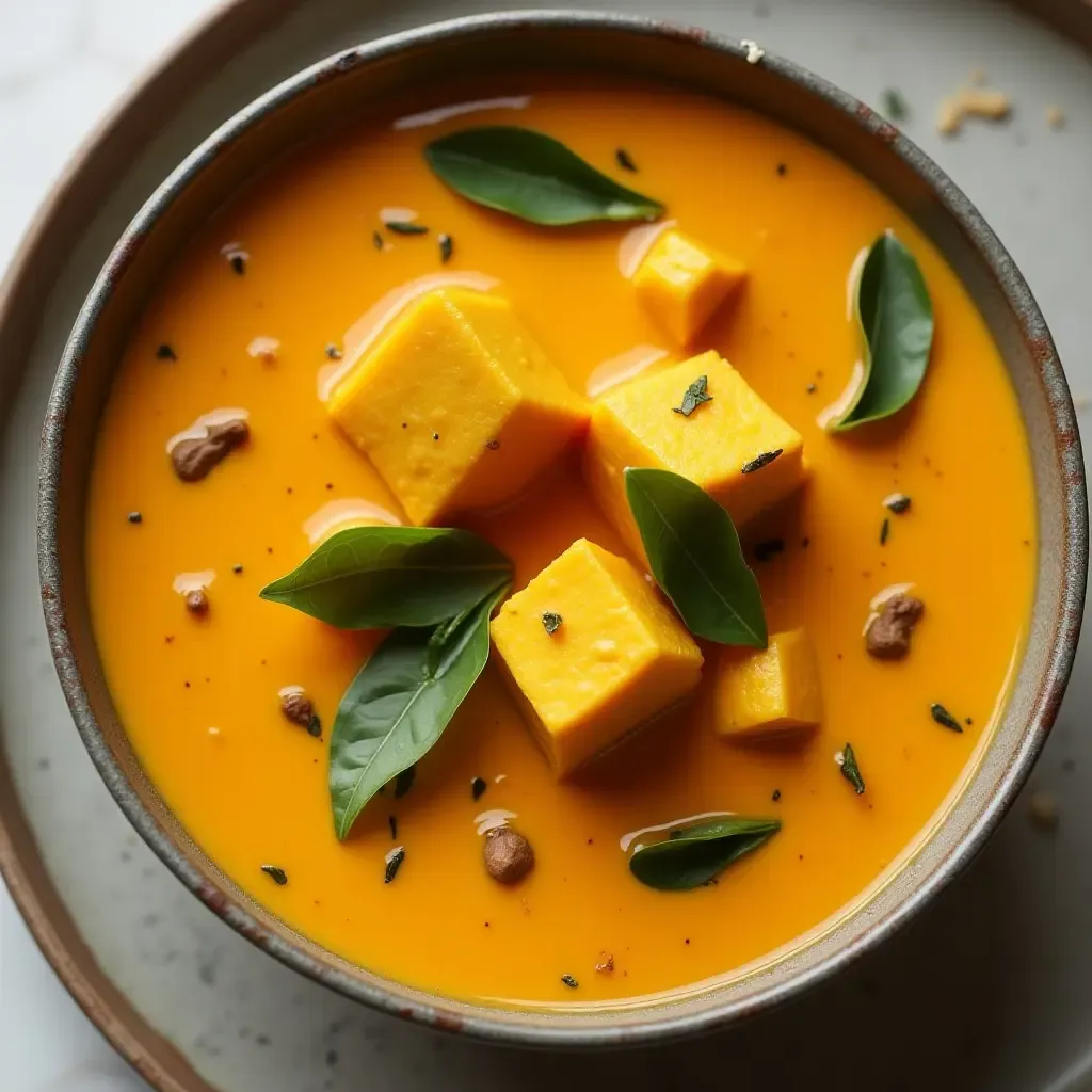 a photo of a creamy Thai pumpkin curry with tofu and basil leaves, served in a bowl.