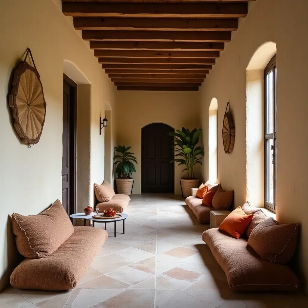 a photo of a rustic corridor featuring handmade throw pillows in earthy colors