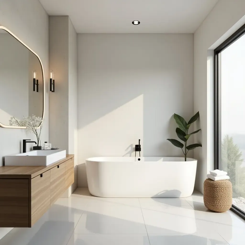 a photo of a chic bathroom with an open layout and minimalist furniture