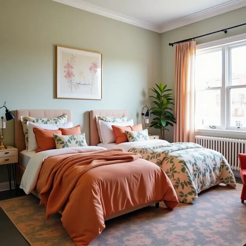 a photo of a shared bedroom featuring a shared bed with colorful bedding options