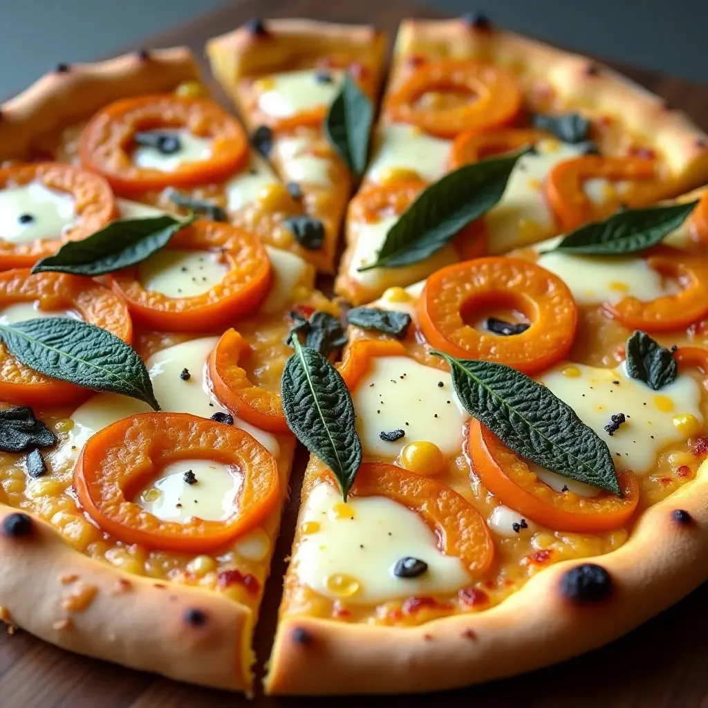 a photo of a pizza topped with roasted pumpkin, sage, and a creamy mascarpone base