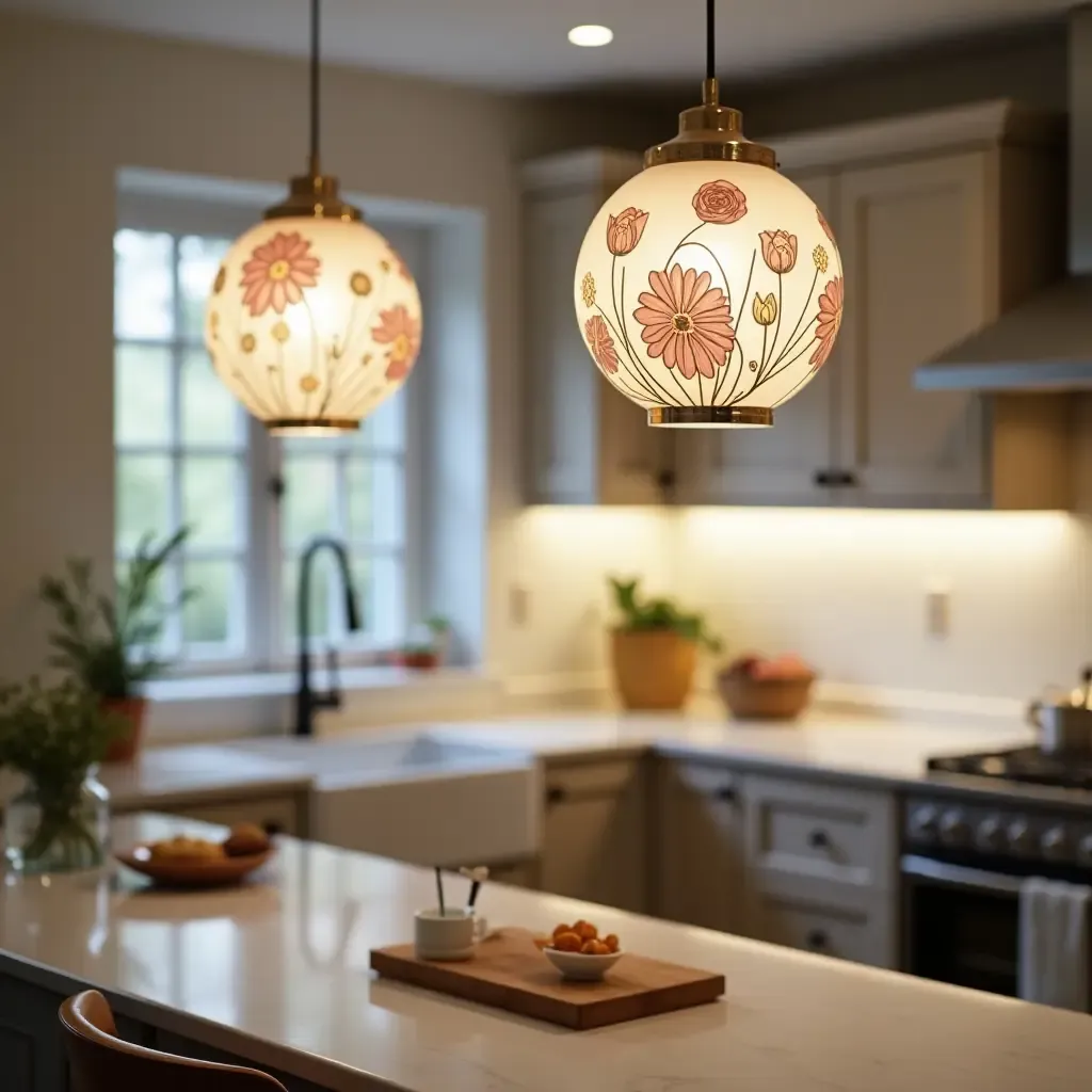 a photo of pendant lights with floral designs in a charming kitchen