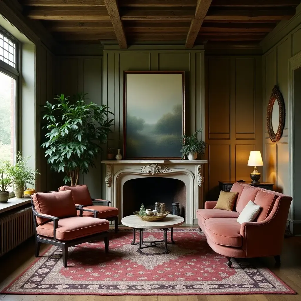 a photo of a vintage living room with trailing ivy