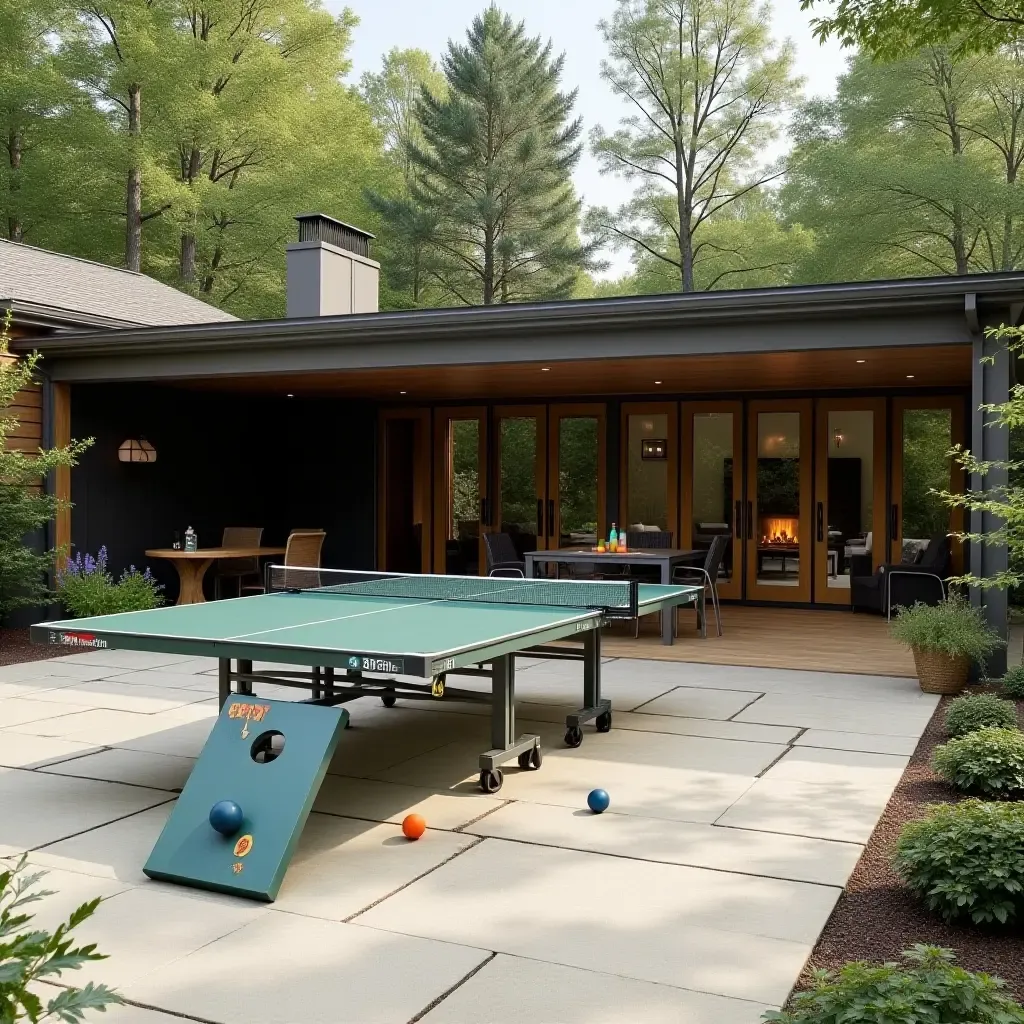 a photo of a detached covered patio with outdoor games like ping pong and cornhole