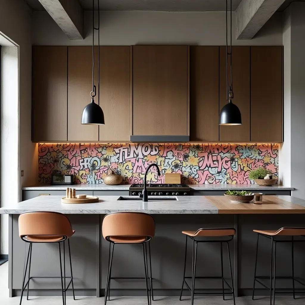 a photo of a bold graffiti-style backsplash in a contemporary loft kitchen