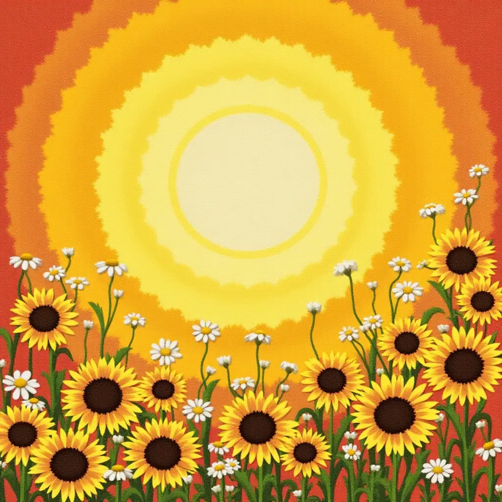 a photo of a sun-kissed rug with sunflowers and daisies