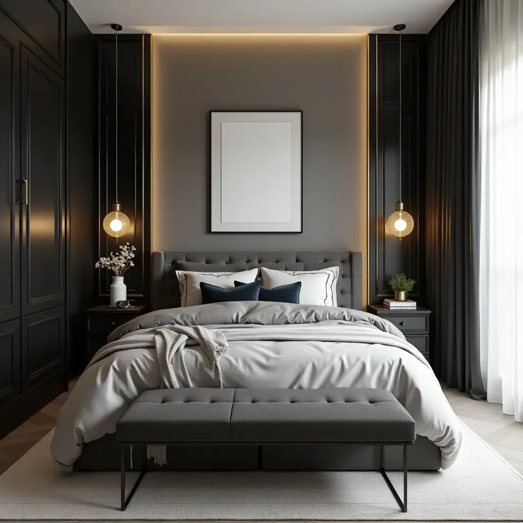 a photo of a chic black and white bedroom with splashes of gold accents