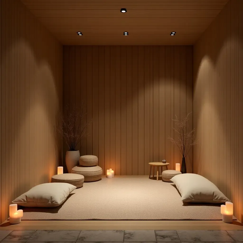 a photo of a basement meditation space with calming elements