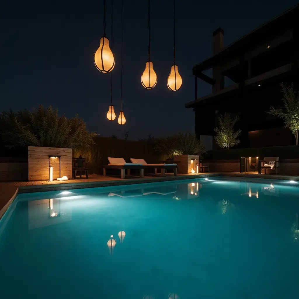 a photo of a modern pool with pendant lights reflecting in the water