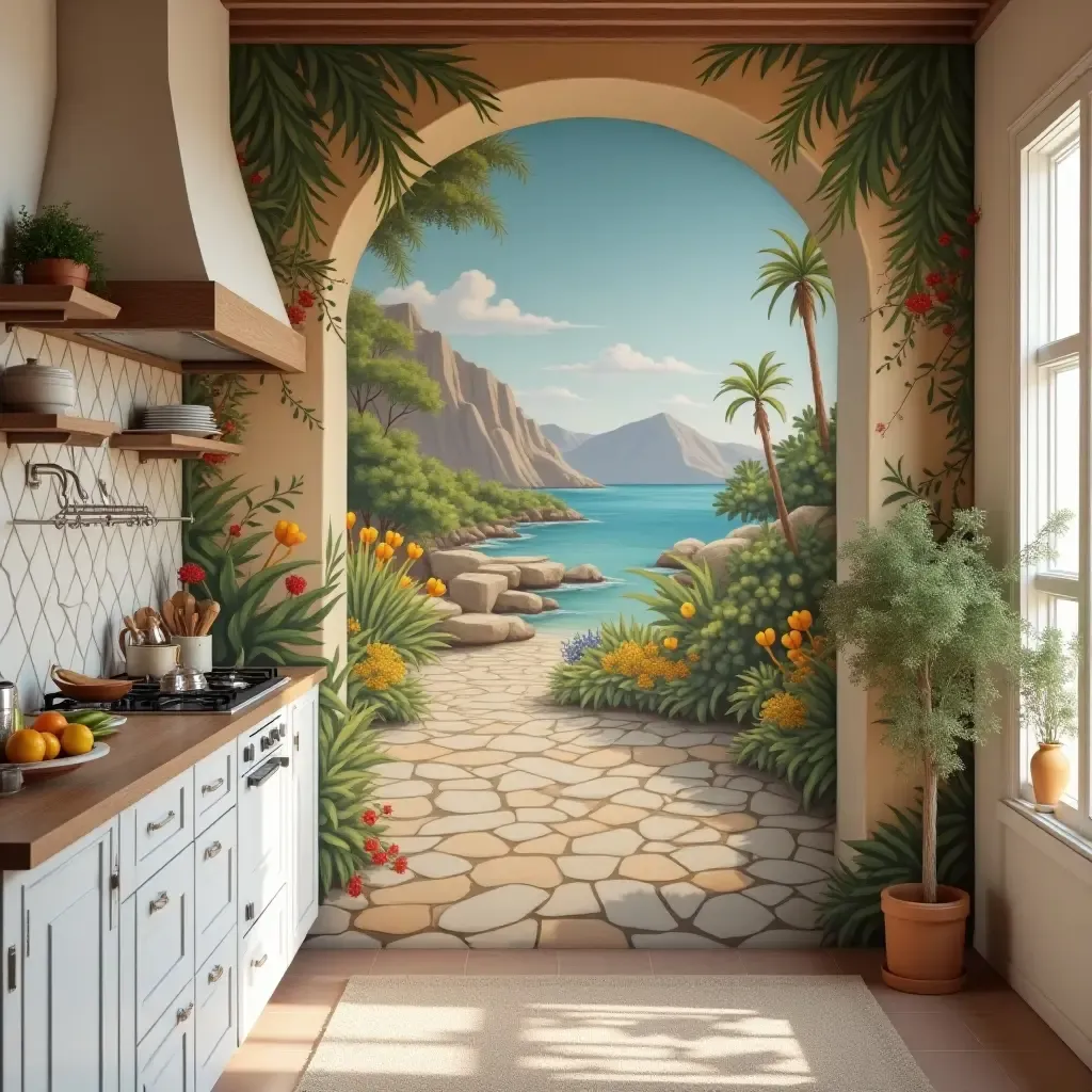 a photo of a kitchen with a Mediterranean-themed wall mural