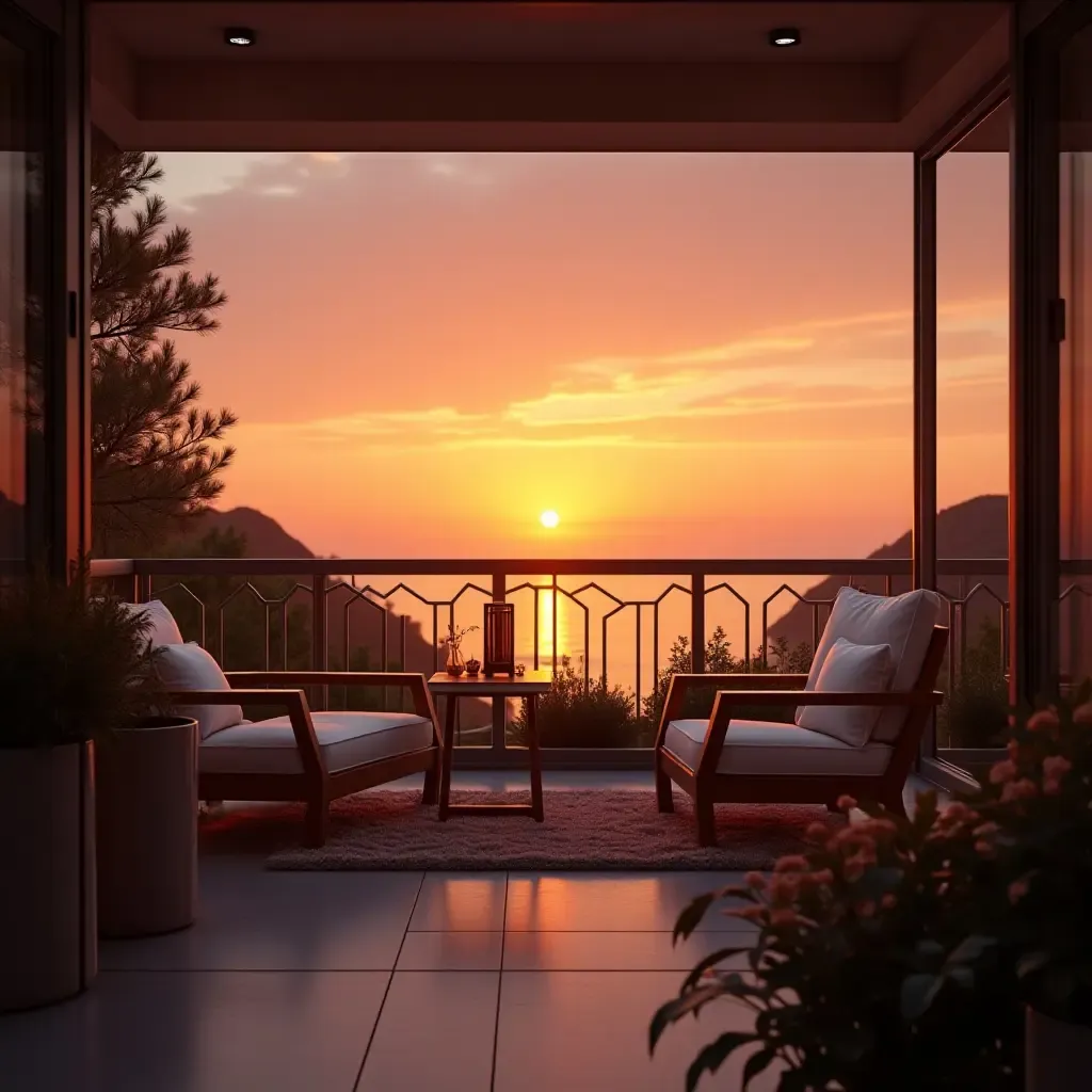 a photo of a balcony featuring a vibrant sunset view with cozy seating