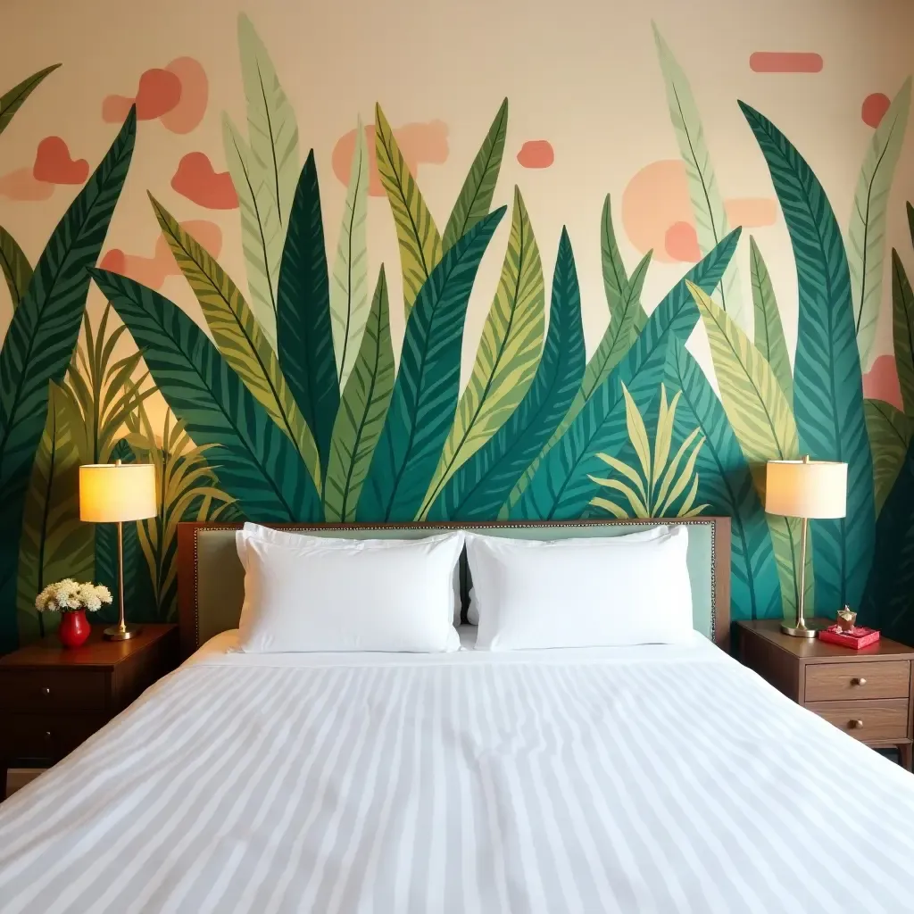 a photo of a colorful plant-themed mural behind a bed