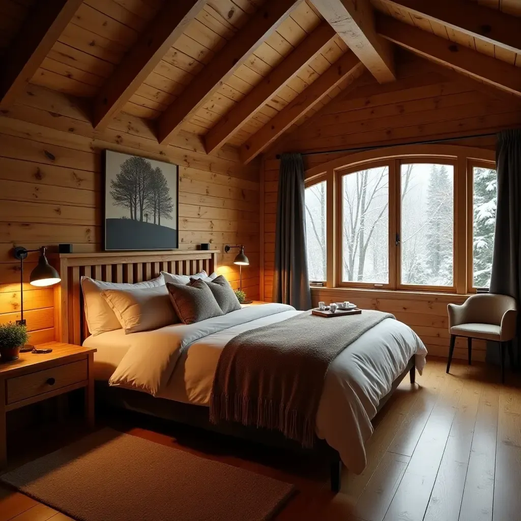 a photo of a cozy winter cabin-themed bedroom with warm colors