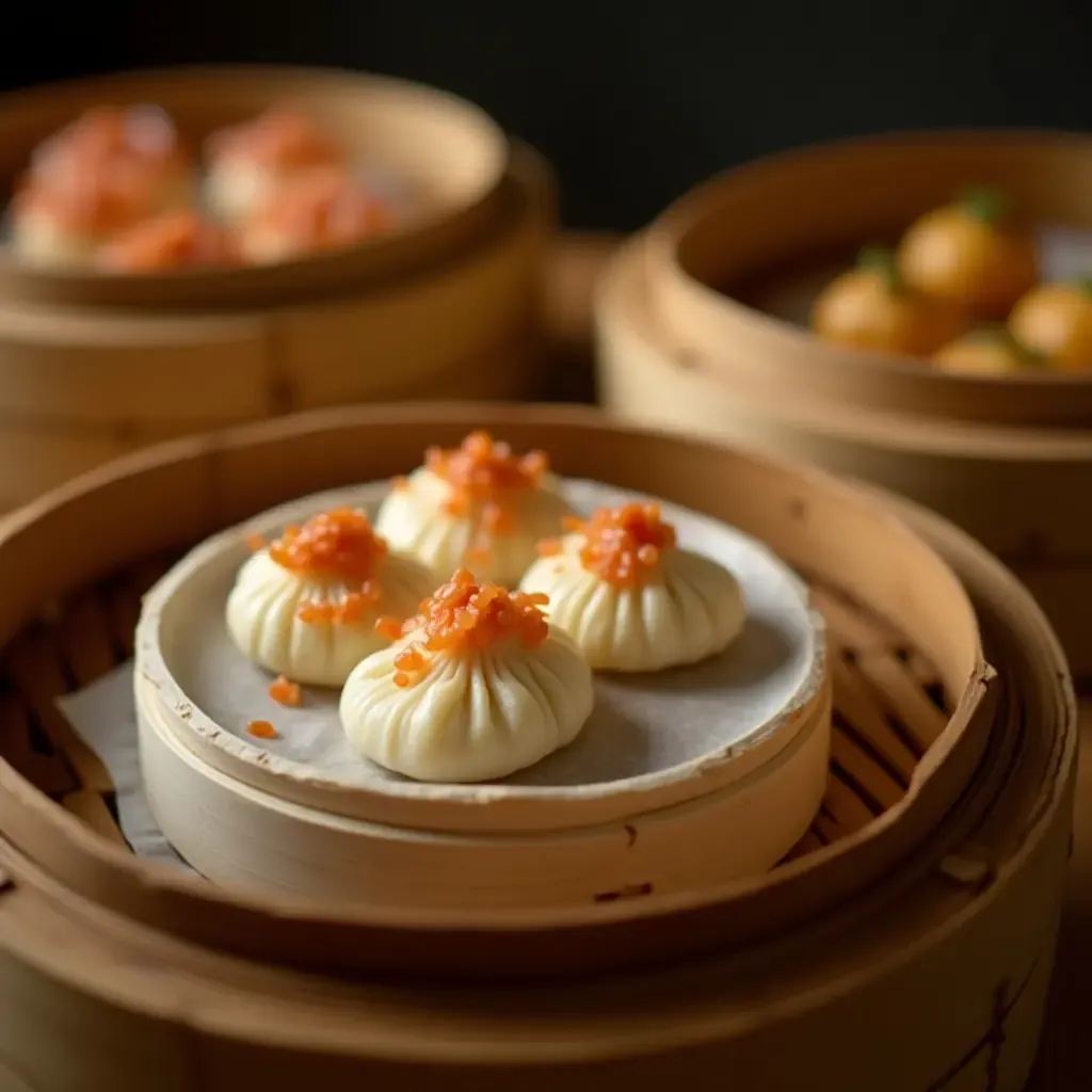 a photo of delicate Cantonese dim sum on bamboo steamers.