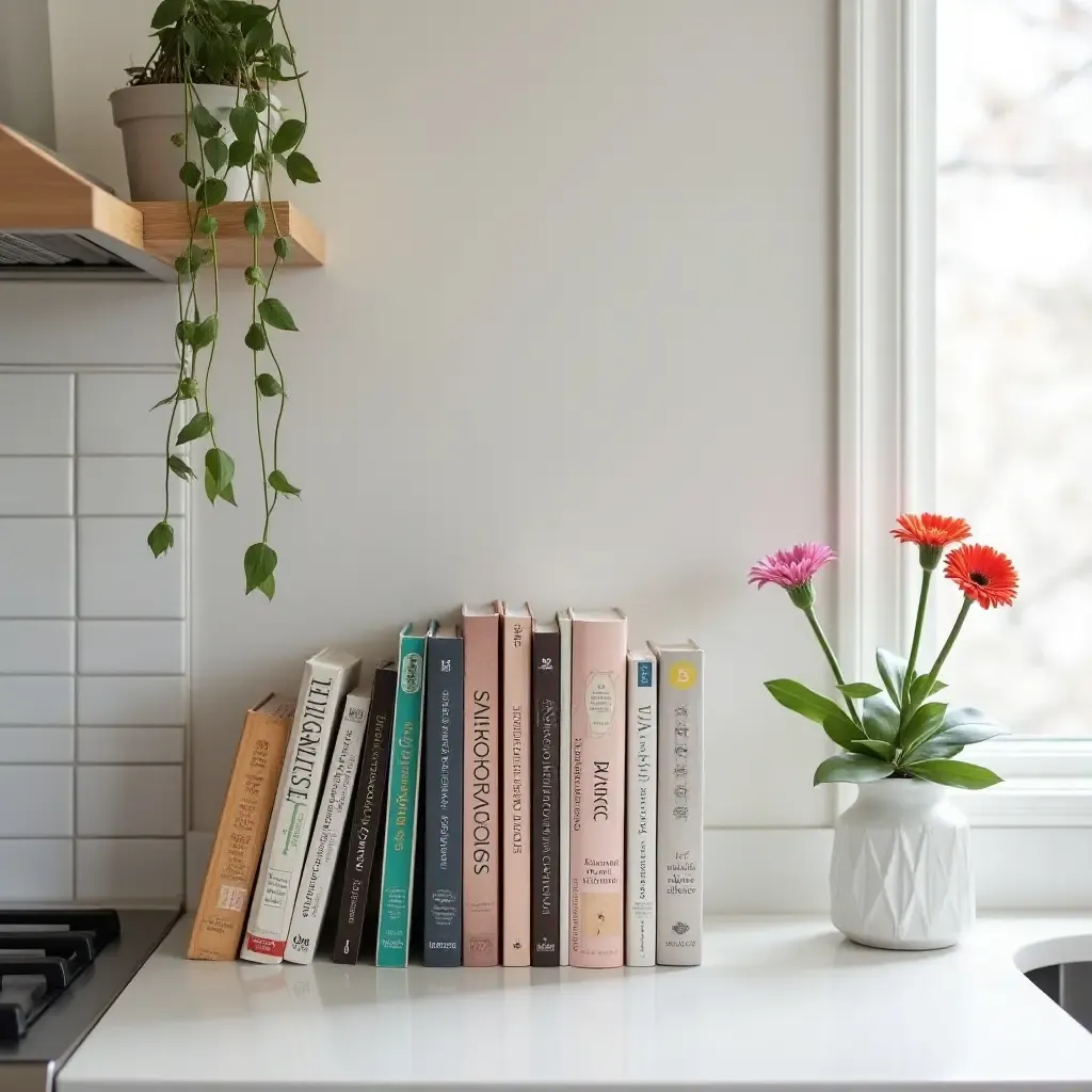 a photo of a countertop displaying a curated collection of cookbooks and decor