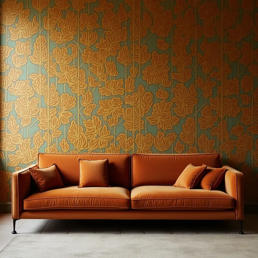 a photo of a cognac couch paired with a bold patterned wallpaper