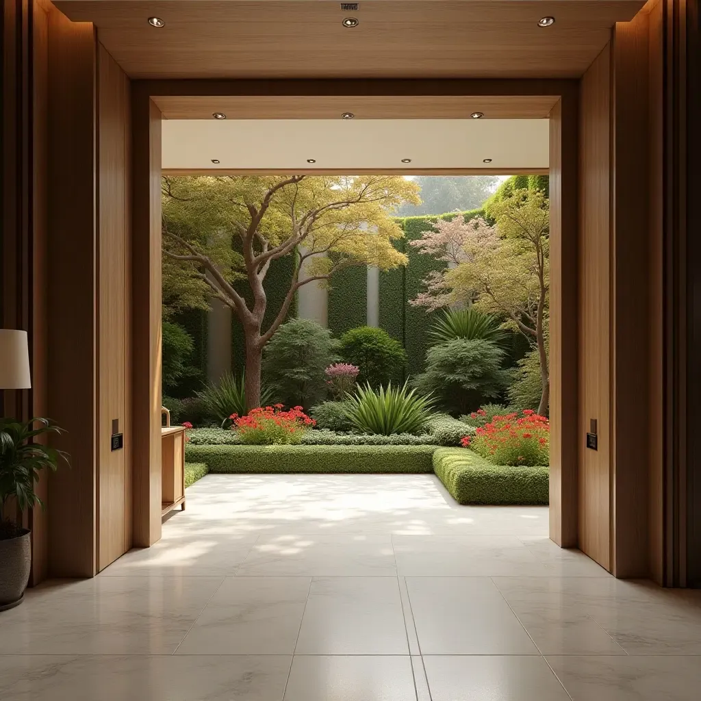 a photo of a spacious entrance hall with a panoramic garden wall of seasonal blooms